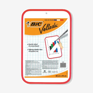The Bic Kids Lapboards Bic Velleda Dry Wipe Board is a bright red, compact board measuring 300x440mm. It features the Bic logo at the top and is perfect for writing and drawing with dry erase markers. The surface is smooth and easy to wipe clean.