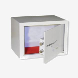 The photograph shows a sturdy Q-Connect key-operated safe with a 10-litre capacity. Its black exterior is complemented by a silver handle and keyhole. The dimensions are 200x310x200, making it compact yet spacious. The Q-Connect logo can be seen clearly on the front.