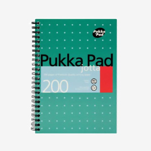 This photograph features a set of three Pukka Pukka Pads, each with a metallic wirebound design and 200 ruled pages. The notebooks are A5 size and are neatly stacked on top of each other. The covers are vibrant and eye-catching, perfect for any writing or note-taking needs.
