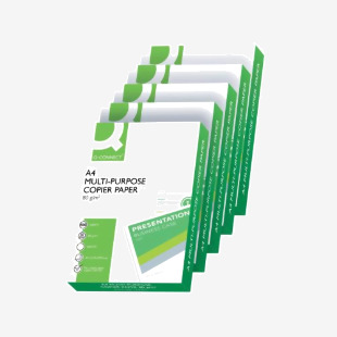 The photograph shows a stack of Q-Connect Copy & Printer Paper, specifically Q-Connect White A4 80gsm Copier Paper, in a 2500 pack. The paper appears white and smooth, with a standard A4 size and weight. The pack is neatly stacked and appears to be ready for use in a printer or copier.