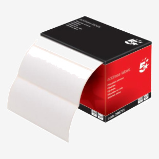 The picture shows a pack of 250 continuous roll 5 Star Office Address Labels, each measuring 89x36mm. The labels are neatly stacked and have a professional design with the 5 Star logo. The bright white labels have a clear, easy-to-read font and are perfect for labeling envelopes and packages.