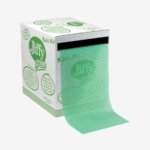 The photo shows a Jiffy Eco Packaging Jiffy Recycled Bubble Box Roll, measuring 300mmx50m, in a vibrant green color. The packaging has the product name and brand clearly displayed on the side, with the bubble wrap visible through a clear plastic window. The compact and eco-friendly design makes it a great choice for sustainable packaging needs.