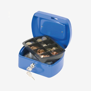 A vibrant blue Q-Connect cash box measuring 6 inches, featuring the brands logo and labeling. The box is securely closed and has a sleek, professional appearance.