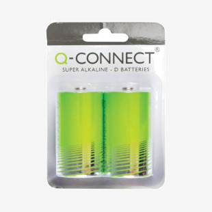 The photo features two Q-Connect D batteries, each featuring the brand name and size on the label. The batteries are a standard cylindrical shape and have a dark grey and white color scheme. They appear to be in new condition and are resting on a flat surface.