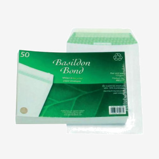 The image shows a pack of 50 white Basildon Bond C5 envelopes with a pocket, each sized to fit an A5 paper. The envelopes are plain and unprinted, with a classic and elegant look. They are neatly packed and stacked on top of each other, ready to be used for any professional or personal mailing need.
