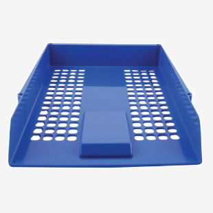 The image features a stack of bright blue Q-Connect letter trays, with smooth sides and a sturdy construction. The trays are neatly organized on a desk or shelf, with paper or documents visible inside. The Q-Connect logo is displayed on the front of each tray, adding a professional touch.