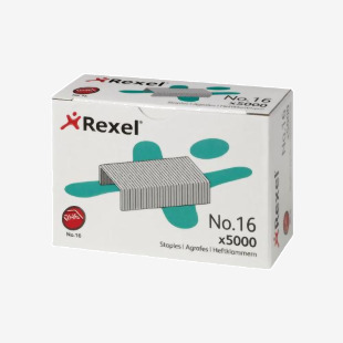 This image shows a pack of 5000 Rexel Choices No 16 Staples, each measuring 6mm in length. The staples are neatly arranged in rows, with a silver and black color scheme. The packaging features the brands logo and product name.
