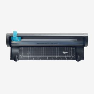 The photograph shows the sleek and compact Avery A3 Guillotine & Trimmer with a 425mm cutting length and the ability to handle up to 12 sheets at once. Its professional design and precise cuts make it a must-have tool for any office or workspace.