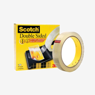 The image shows a transparent Scotch Double Sided Tape, specifically the Durable variety, with a width of 19mm and a length of 33m. The tape is placed on a roll and has the iconic Scotch logo on it. Its double sided feature can be seen by the two adhesive strips visible on either side of the tape.
