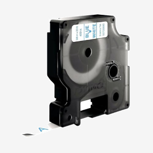 In the photograph, the Dymo label maker appears sleek and compact, with a blue and white label tape installed. The 9mm x 7m tape is neatly dispensed, showcasing crisp and legible text. The D1 label maker features an easy-to-use interface and a durable design.