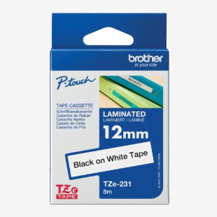 Brother P-Touch TZe Lam Tape Cassette 12mm x 8m Black on White Tape TZE231 BA8092
