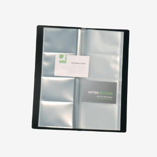 The photograph features sleek and professional Q-Connect Business Card Holders in black polypropylene. The name and business card holder can hold up to 160 cards and is perfect for organizing your professional contacts.