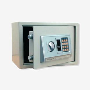 This picture features a compact, durable Q-Connect electronic safe with a 10 litre capacity. The sleek black design and secure electronic lock make it a great option for storing important documents or valuables.