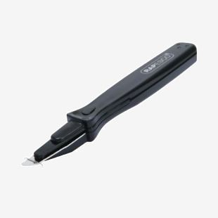 The photo shows a sleek, black Rapesco stapler remover measuring 195mm in length. The remover has a wide, ergonomic handle with the Rapesco logo on the side. Two flat, metal prongs are visible at the bottom, ready to easily remove staples from any paper.