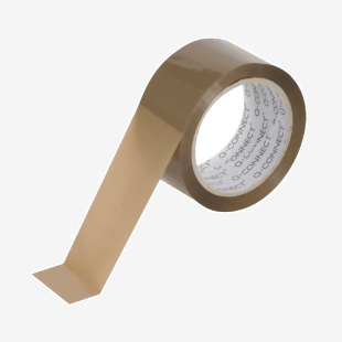 This picture shows a pack of Q-Connect Low Noise Polypropylene Packaging Tape. The tape is brown in color and measures 50mmx66m in size. The pack contains 6 rolls of tape.