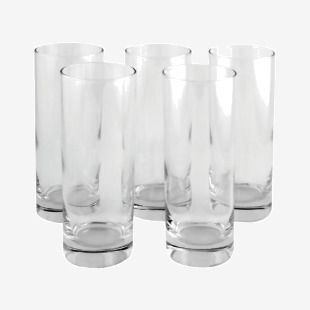 This picture features a set of six clear tall tumblers made of unbranded cutlery and crockery. Each tumbler has a capacity of 36.5cl and is perfect for serving drinks.