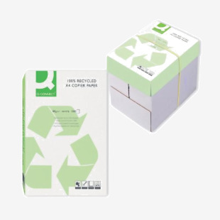 The image shows a bright white A4-sized paper that is made from recycled materials. It has a weight of 80gsm and comes in a pack of 2500 sheets or 5 reams. The paper is labeled with Q-Connects eco-friendly logo, emphasizing its environmentally-conscious production.