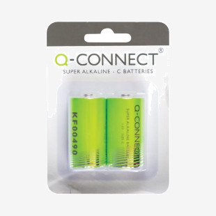 In the photo, two cylindrical C batteries from the brand Q-Connect are shown side by side. The packaging is clean and professional, with the brand logo prominently displayed. The batteries appear to be in good condition and ready for use.