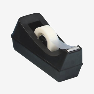 This photo shows three Q-Connect plastic tape dispensers in black, designed for 19mmx33m tape. The dispensers have a non-slip base and a sleek, minimalist design. The plastic material is durable and easy to use for all your taping needs.