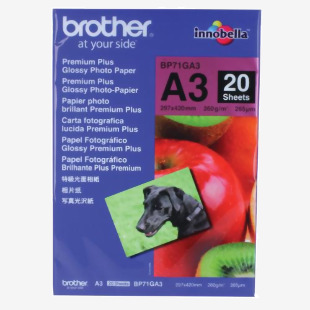 The image shows a pack of 20 Brother A3 Premium + Glossy Photo Paper, featuring a glossy finish. The paper is specifically designed for use with Brother printers, ensuring high-quality prints and vivid colors. Its A3 size makes it suitable for larger photo prints and projects.