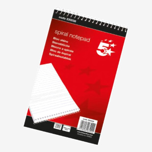 The photo shows a pack of 10 red 5 Star Office Shorthand Pads, each with 300 pages of 60gsm ruled paper. The pads are wirebound, measuring 127x200mm and feature the 5 Star Shorthand logo.