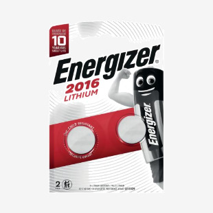 The image shows two round and flat Energizer lithium batteries, specifically 2016CR2016 model, packaged together. These batteries are labeled as Speciality Batteries and have the iconic Energizer logo on them. They appear to be shiny and have a metallic silver color.