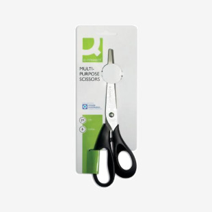 The Q-Connect Scissors feature an ergonomic design, with 210mm stainless steel blades and a black handle. The blades are sharp and precise, making them ideal for various cutting tasks. The overall appearance of the scissors is sleek and professional, perfect for any office or home setting.