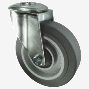 Medium Duty Single Hole Fixing Pressed Steel Swivel Castor, 160mm Rubber Tyred Wheel 400246