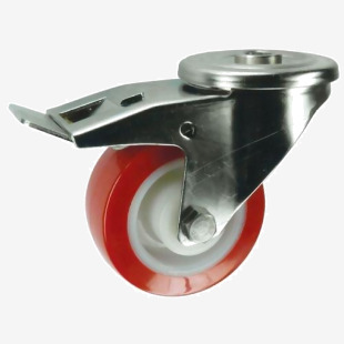 Single Hole Fixing Stainless Steel Braked Swivel Castor, 100mm Poly Tyred Wheel 400325