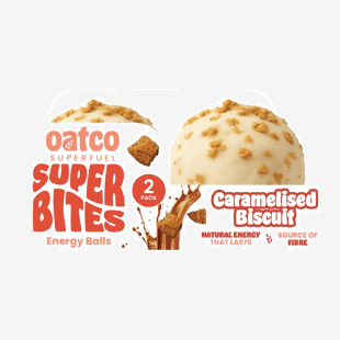 A single Oatco Super Bites Caramelised Biscuit packet sits against a plain background. Brightly colored wrapper shows overflowing caramel drizzle, golden biscuit pieces and scattered oats beside clean brand lettering. A close-up reveals glossy caramel highlights and textured biscuit surface in focus.