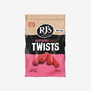 Rj’s Licorice Raspberry Chocolate Twists 280g Pack of 12