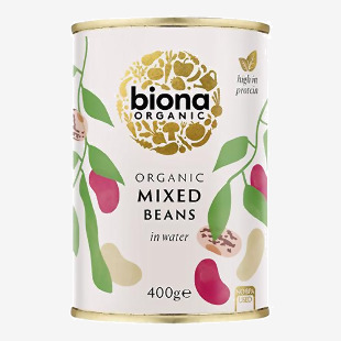 A kraft-style pouch with a green Biona logo and organic labeling shows a clear window revealing a mix of colorful beans and pulses—red, black, beige and brown. Simple typefaces and natural tones frame weight and product name on the front. A resealable top, and a matte finish add texture to the pack.