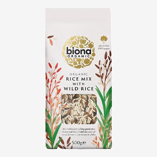 Front-facing pouch shows the Biona Organic logo on a green-and-white pack. A clear window reveals mixed wild and brown rice grains. Rustic rice-stalk illustrations, an organic seal and bold 'Wild Rice Mix' lettering accompany a 500g weight mark.