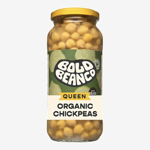 Photo shows six Bold Bean Co packets of organic chickpeas (570g) with natural beige and green labels. Each matte pouch has a clear window revealing pale, round chickpeas. Brand name and simple leaf graphics center on the label; pouches sit neatly in two rows.
