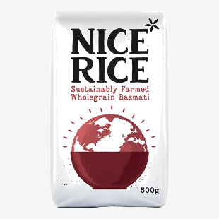 Front-facing 500g Nice Rice Wholegrain Basmati bag shows a clean grocery package with the Nice Rice logo, bold product name and a clear window revealing light-brown basmati grains. Simple nutrition icons, weight label and ingredient text appear on a white and green backdrop soft studio lighting hdr