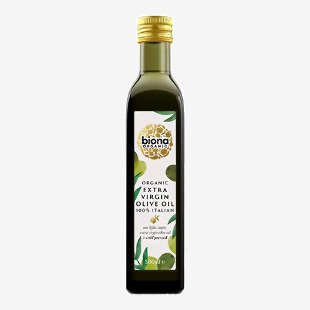Photograph shows six 500ml dark glass bottles of Biona Organic Italian Extra Virgin Olive Oil arranged in two rows of three on a white background. Each bottle displays a pale green label with olive-branch artwork, the brand name and product text, and green screw caps. Soft highlights, faint shadows.