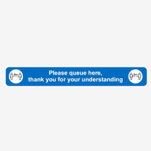 SECO Queue Here Blue Floor Sign 600x80mm with anti-slip laminate
