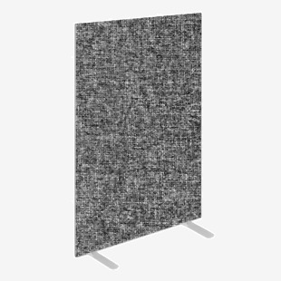 This image features a set of dynamic floor standing privacy screens, specifically the Impulse Plus Oblong model. The screens are made of lead fabric in a light grey color and have sleek, modern edges. They are free-standing and perfect for adding privacy to any office or workspace.