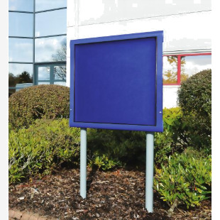 The image is of a school stationery external notice board, with a sturdy stand and a blue and blue color scheme. It measures 1005x1031 and features a transparent shield for protection.