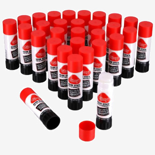 The image shows a pack of school stationery glue sticks. The sticks are Gloy brand and each one weighs 40g. The price is P30. The sticks are yellow and have twistable bottoms for easy use.