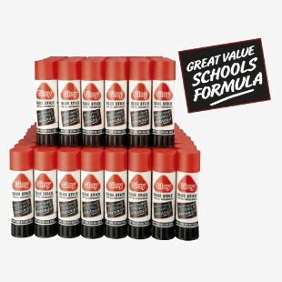 The picture shows an assortment of school stationery glue sticks, including Gloy brand 40gm glue sticks in a pack of 100. The glue sticks are white with colored caps and are neatly arranged in a row. The packaging is bright and colorful with the brand name and product information displayed.