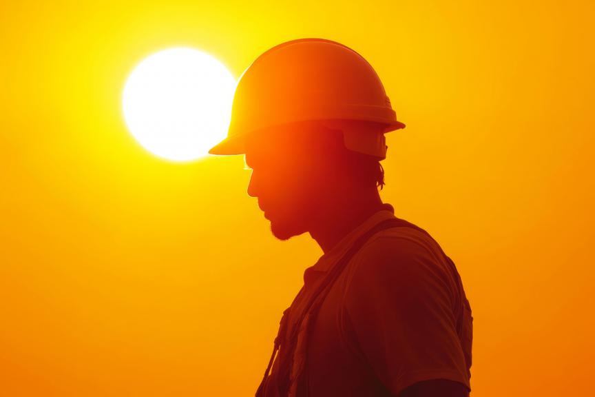 Man in hard hat in front of sun 