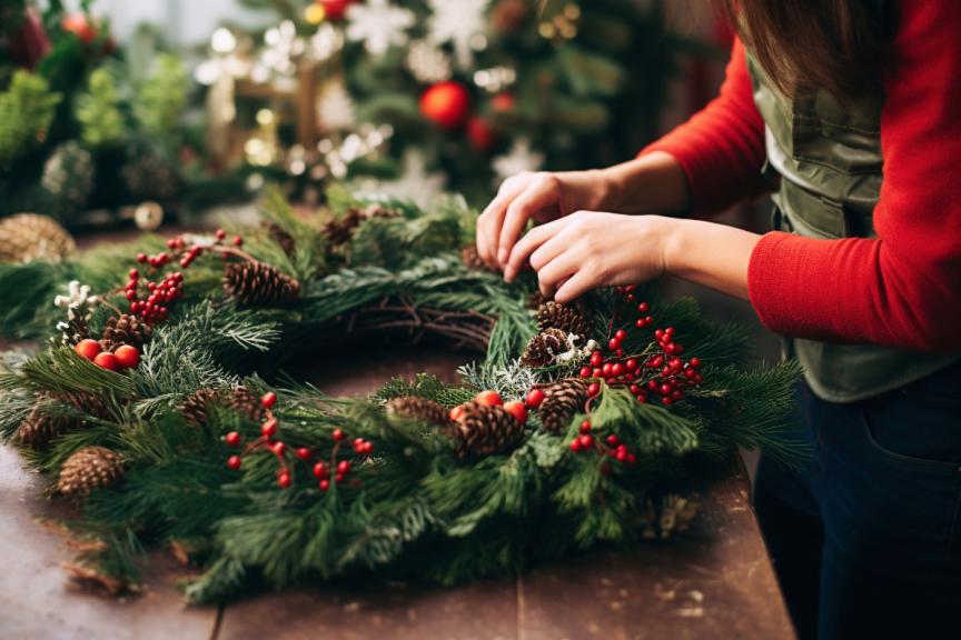 Woman making Christmas wreath 