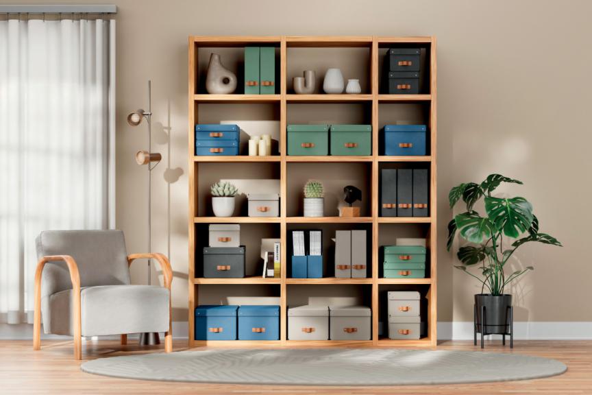 Shelves with storage boxes 