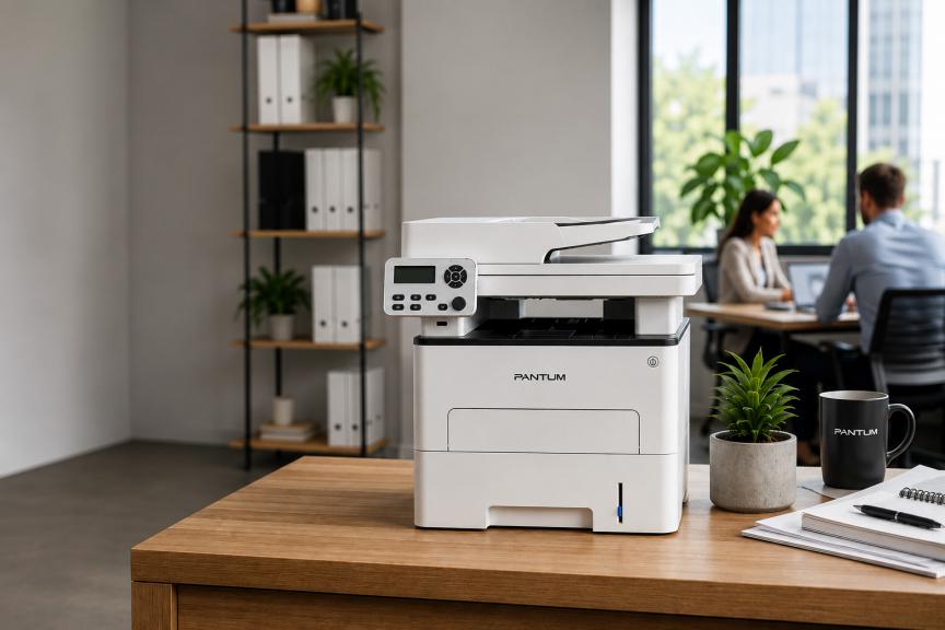 Pantum printer with office background 