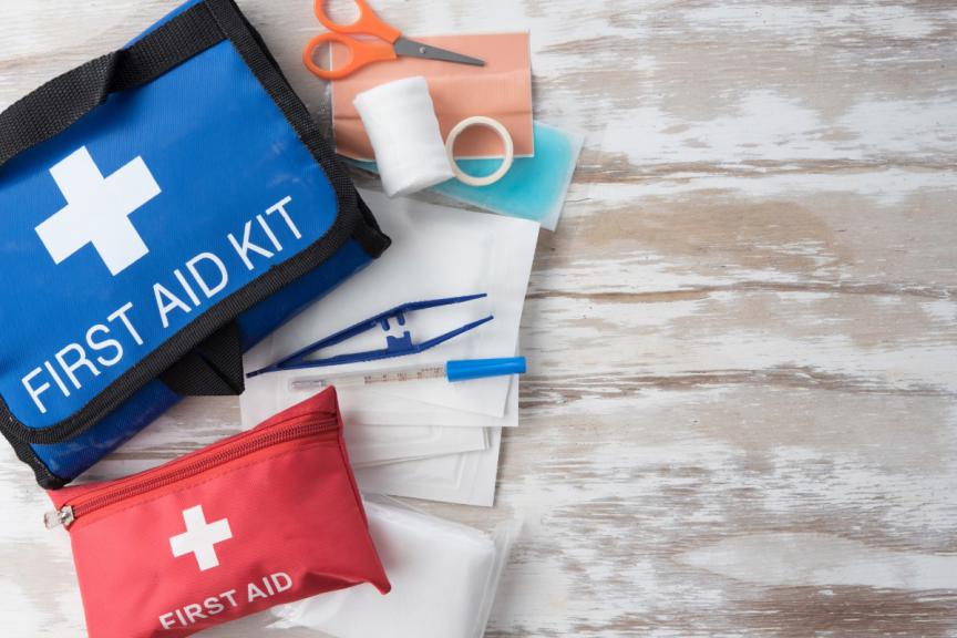 Close up of first aid kit on desk 