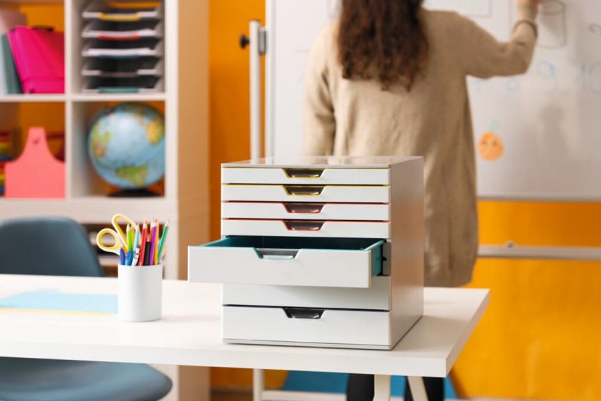 Desk drawer unit in classroom. 