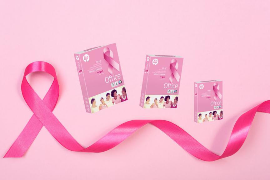 Pink background with ribbon and HP Pink Ream Paper 