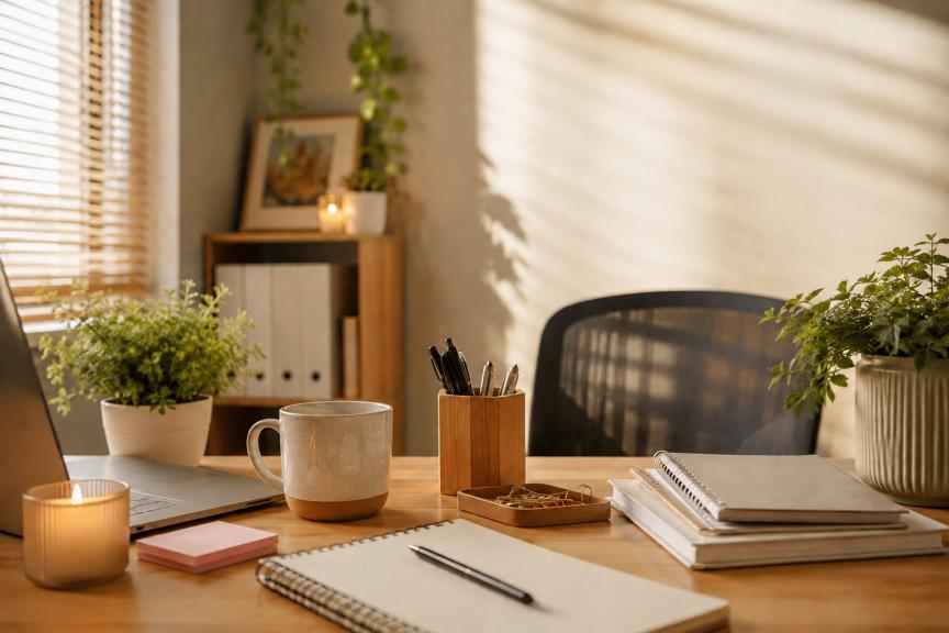 Desk with laptop, plants and warm lighting 